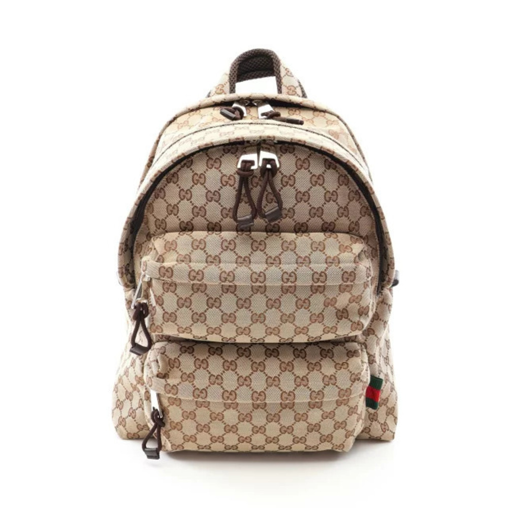 Gucci GG Canvas Backpack Leather Bag Beige Cream Brown